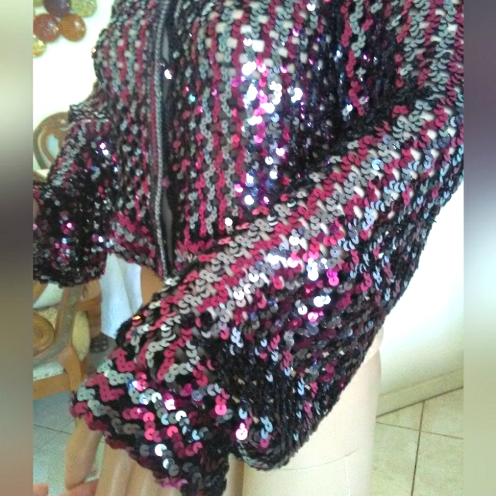 VINTAGE SEQUINED CROP JACKET SHEER UNIQUE BUTTONS BY HARRY ACTION QUILTED BEAUTY - Picture 9 of 11